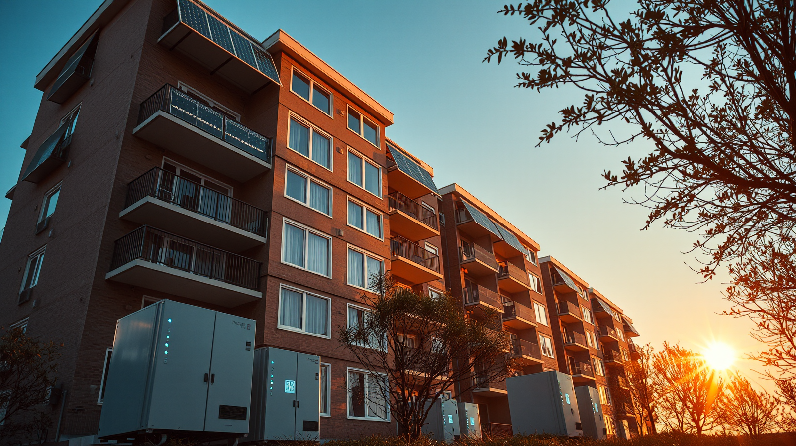 Pannelli solari e batterie di condominio con linee luminose digitali, intelligenza artificiale per l'energia condivisa tra appartamenti