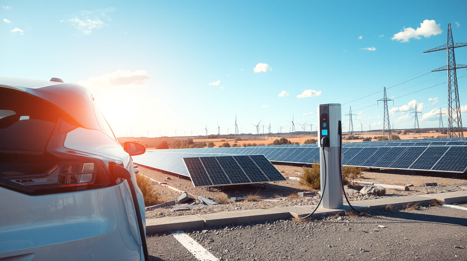 Auto elettrica in ricarica bidirezionale V2G con pannelli solari e pale eoliche sullo sfondo, veicoli elettrici come risorsa per la rete elettrica