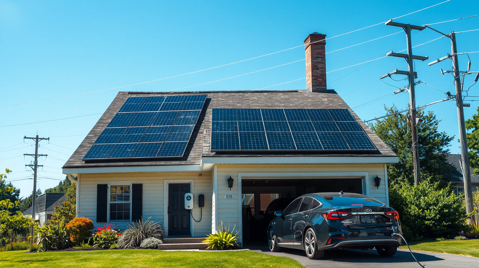 Pannelli solari e batteria domestica con auto elettrica in carica in un quartiere del Massachusetts, accumulo energetico per la rete