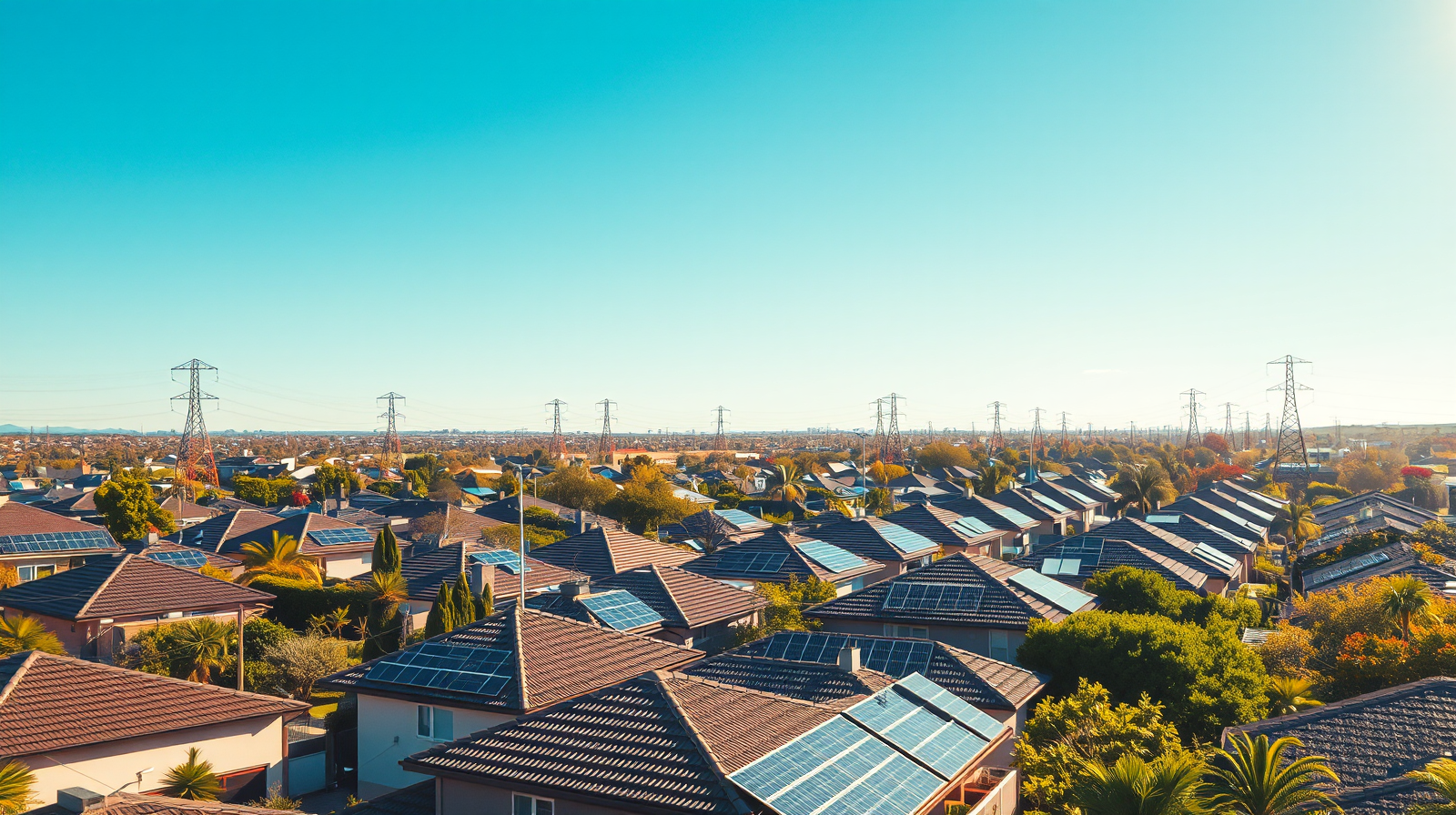 Quartiere australiano con pannelli solari e elettrodotti, energia fotovoltaica condivisa in fascia di picco solare