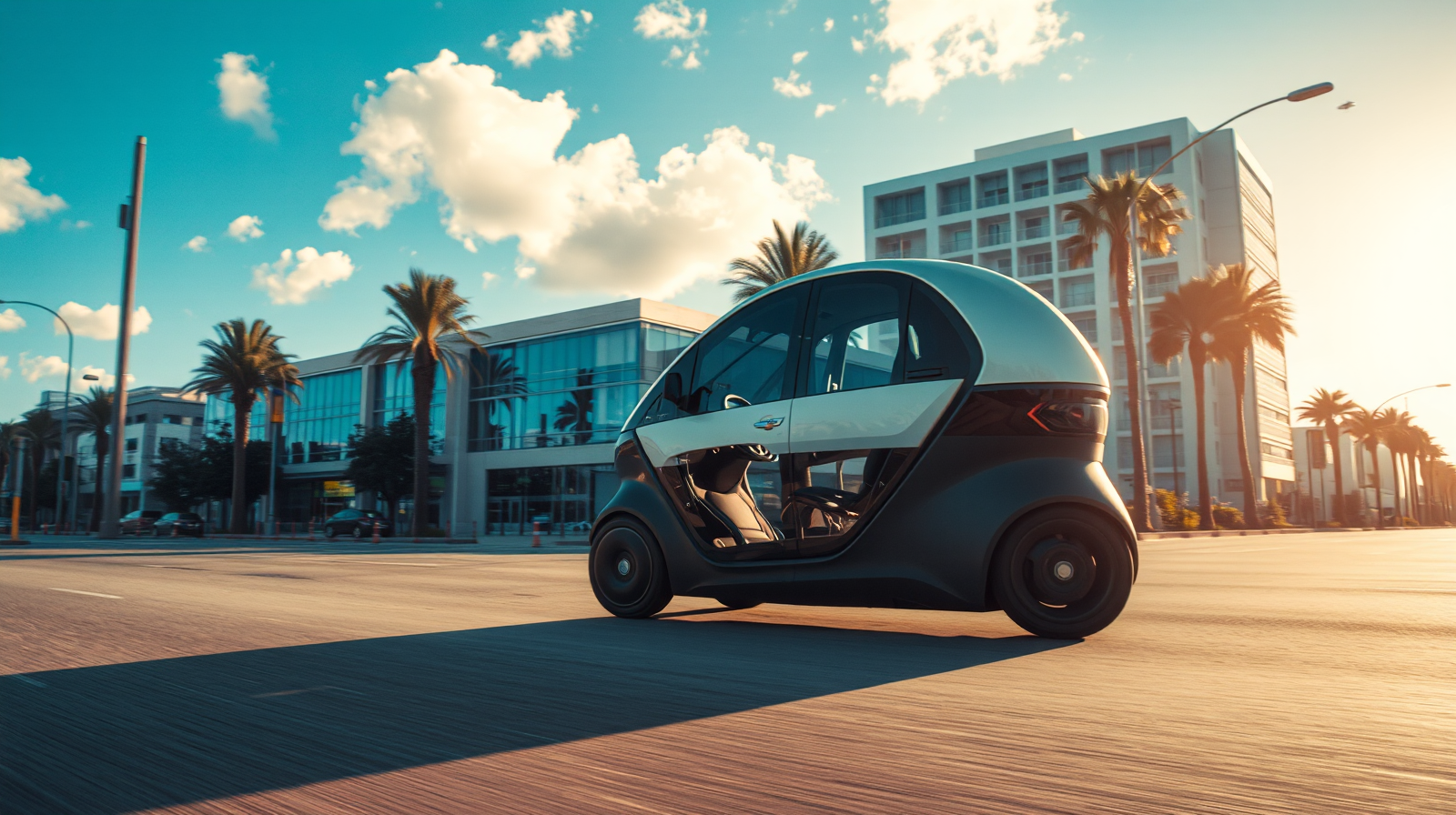 Robotaxi elettrico autonomo senza volante percorre una strada assolata di Austin in una giornata luminosa, guida autonoma in test su strada