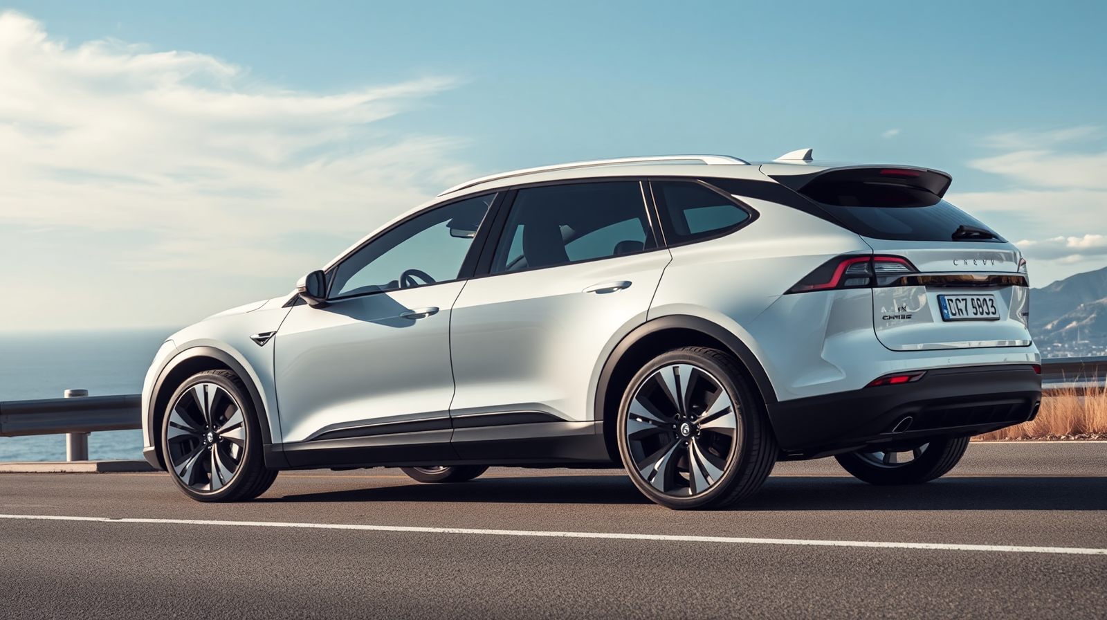 SUV elettrico a passo lungo con sei posti su una strada costiera panoramica, veicolo elettrico a tre file dal design aerodinamico