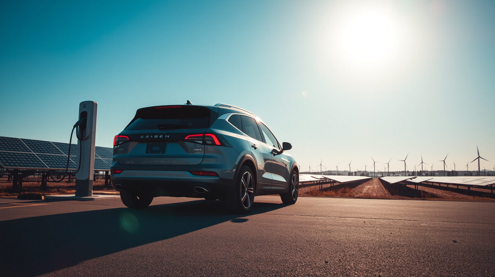 SUV elettrico in ricarica a energia solare con pale eoliche e pannelli fotovoltaici, la nuova mobilità sostenibile