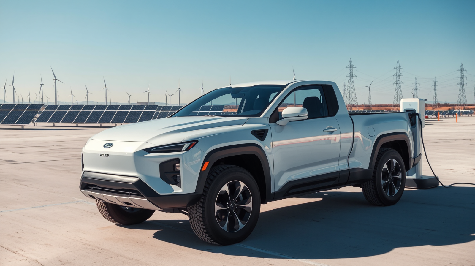 Pick-up elettrico in carica accanto a pannelli solari e pale eoliche su un paesaggio industriale luminoso dal cielo azzurro