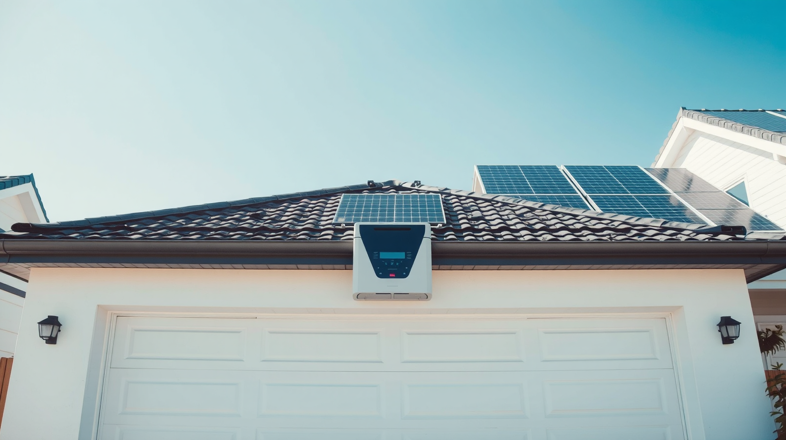Batteria domestica per l'accumulo solare installata in un garage luminoso, accanto ai pannelli fotovoltaici della casa